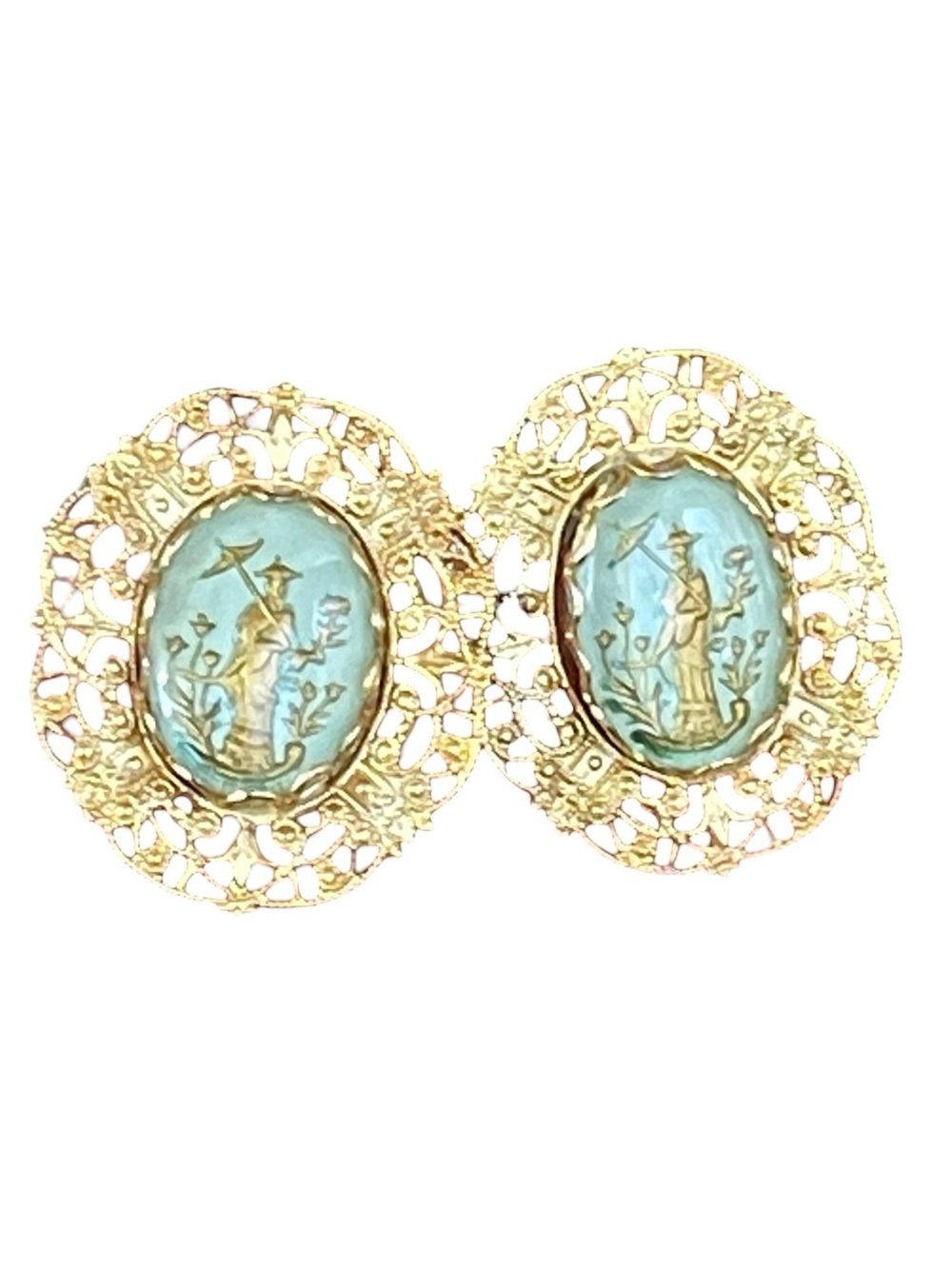 Vintage Gold Tone Filigree Asian Motif Screw Back Earrings